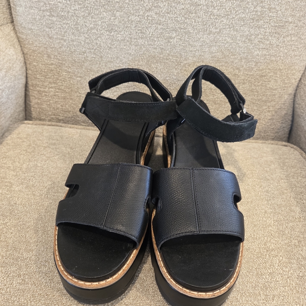 Sorel Joanie lV Black Sz 10 Leather Platform Wedge Sandals Adjustable Straps - Picture 6 of 13